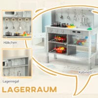 Weisse, höhenverstellbare Spielküche mit Elektroherd, ideal für Kinder von 3-8 Jahren. Sie passt sich der Grösse des Kindes an und wächst mit ihm mit.