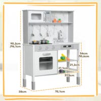 Weisse, höhenverstellbare Spielküche mit Elektroherd, ideal für Kinder von 3-8 Jahren. Sie passt sich der Grösse des Kindes an und wächst mit ihm mit.