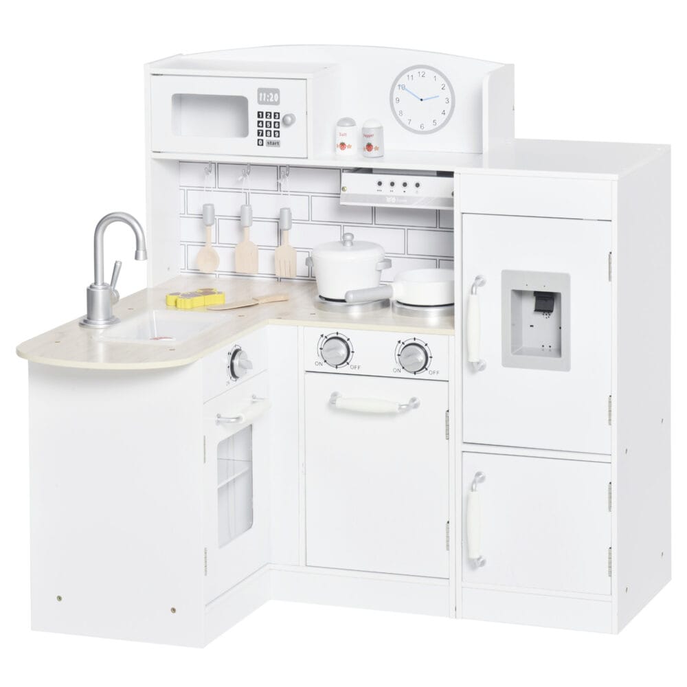 Weisse Spielküche für Kinder ab 3 Jahren, ausgestattet mit einem funktionsfähigen Wasserspender und einer Mikrowelle. Sie fördert Rollenspiele und Kreativität.