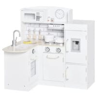 Weisse Spielküche für Kinder ab 3 Jahren, ausgestattet mit einem funktionsfähigen Wasserspender und einer Mikrowelle. Sie fördert Rollenspiele und Kreativität.