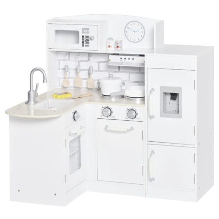 Weisse Spielküche für Kinder ab 3 Jahren, ausgestattet mit einem funktionsfähigen Wasserspender und einer Mikrowelle. Sie fördert Rollenspiele und Kreativität.