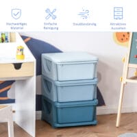 Blaue Kinderkommode zur Spielzeugaufbewahrung mit drei geräumigen Ebenen und bunten Stoffschubladen. Eine ideale Lösung, um das Kinderzimmer ordentlich und übersichtlich zu halten.
