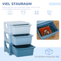 Blaue Kinderkommode zur Spielzeugaufbewahrung mit drei geräumigen Ebenen und bunten Stoffschubladen. Eine ideale Lösung, um das Kinderzimmer ordentlich und übersichtlich zu halten.