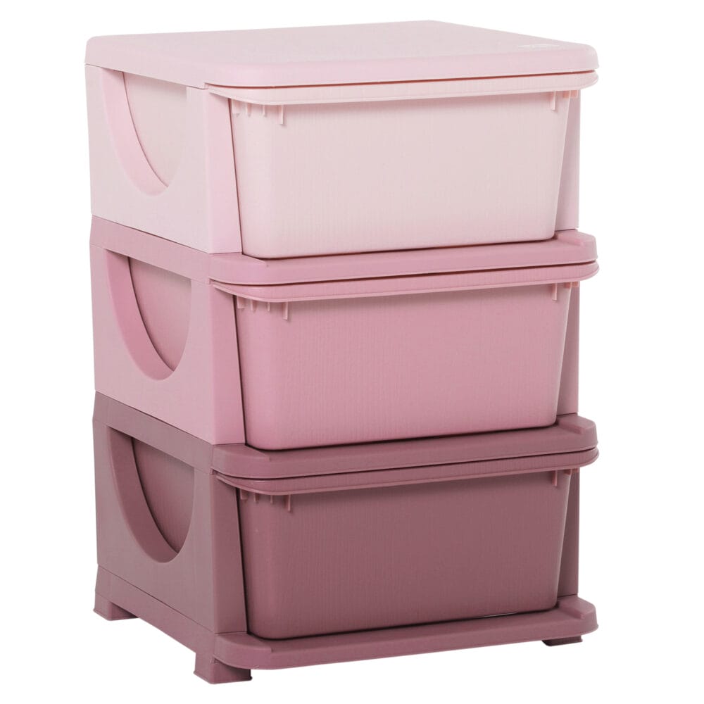 Rosa Kinderkommode mit drei Fächern und Stoffboxen, perfekt zur Spielzeugaufbewahrung und Organisation im Mädchenzimmer. Schafft schnell Ordnung und ist leicht zugänglich für kleine Kinder.