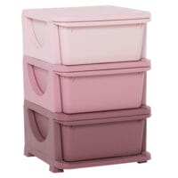 Rosa Kinderkommode mit drei Fächern und Stoffboxen, perfekt zur Spielzeugaufbewahrung und Organisation im Mädchenzimmer. Schafft schnell Ordnung und ist leicht zugänglich für kleine Kinder.
