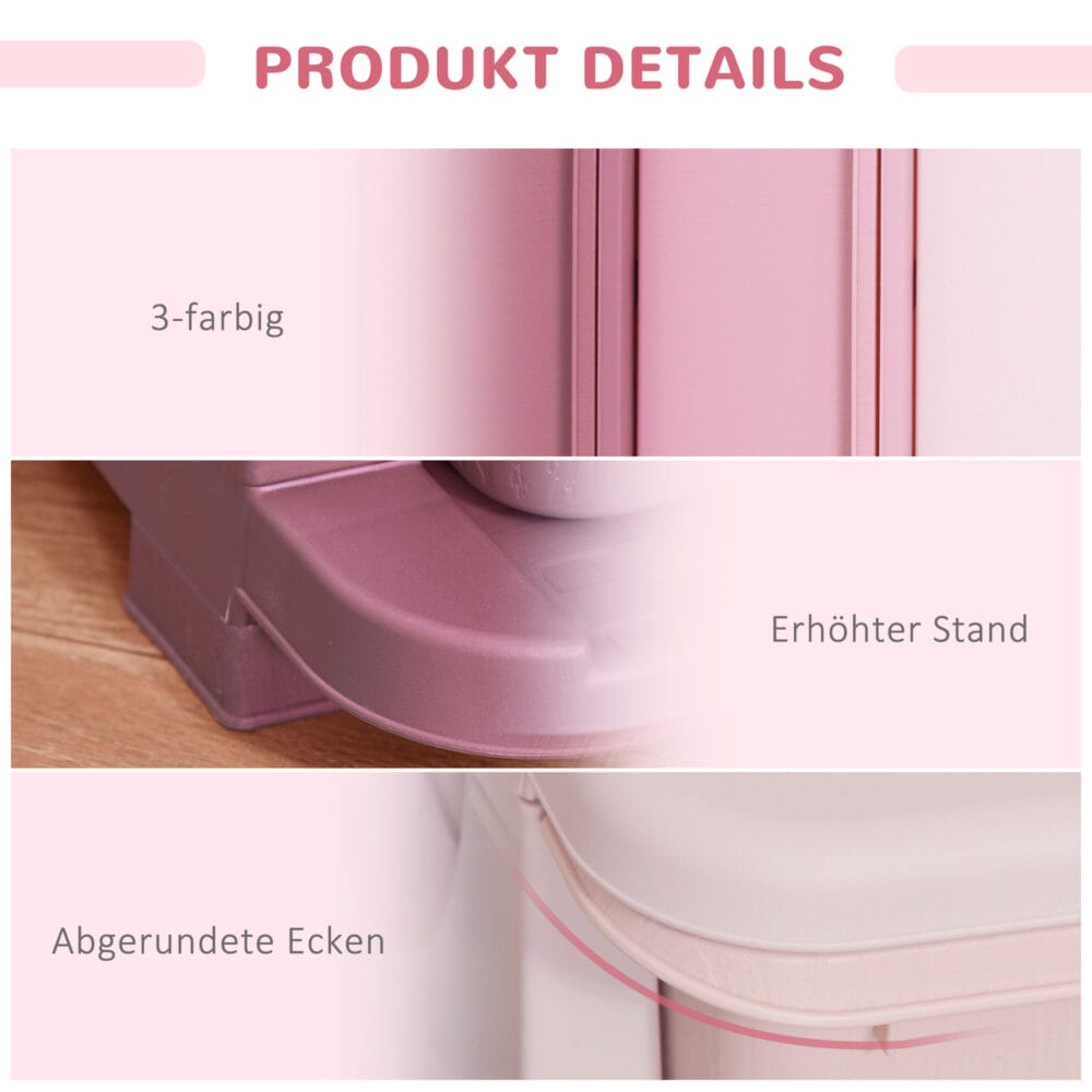 Rosa Kinderkommode mit drei Fächern und Stoffboxen, perfekt zur Spielzeugaufbewahrung und Organisation im Mädchenzimmer. Schafft schnell Ordnung und ist leicht zugänglich für kleine Kinder.