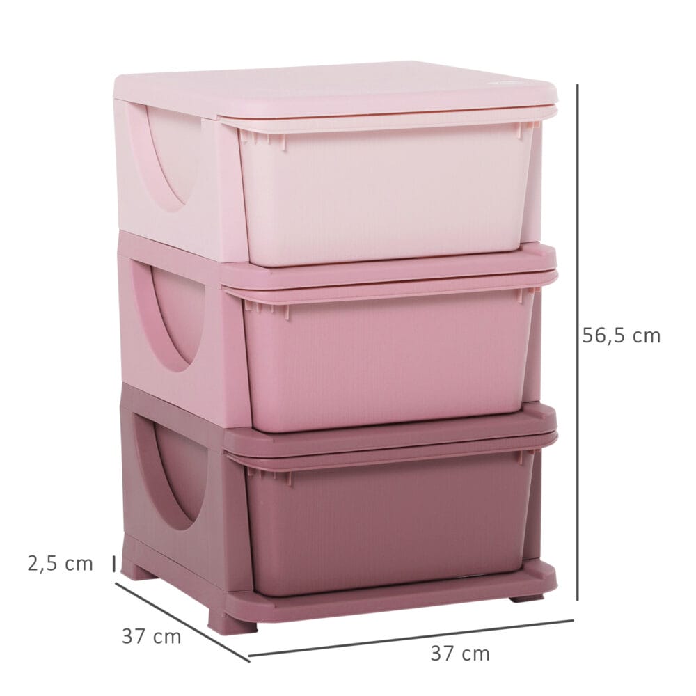 Rosa Kinderkommode mit drei Fächern und Stoffboxen, perfekt zur Spielzeugaufbewahrung und Organisation im Mädchenzimmer. Schafft schnell Ordnung und ist leicht zugänglich für kleine Kinder.