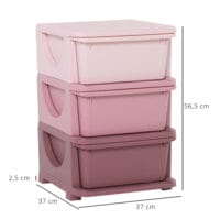 Rosa Kinderkommode mit drei Fächern und Stoffboxen, perfekt zur Spielzeugaufbewahrung und Organisation im Mädchenzimmer. Schafft schnell Ordnung und ist leicht zugänglich für kleine Kinder.