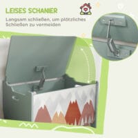 Grüne Spielzeugkiste für das Kinderzimmer mit einem niedlichen Tierdesign auf dem abnehmbaren Deckel. Perfekt zum schnellen Aufräumen und als dekoratives Element.