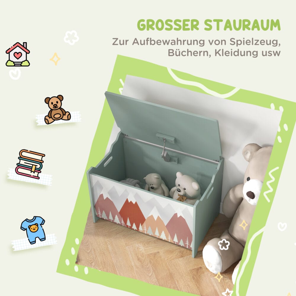 Grüne Spielzeugkiste für das Kinderzimmer mit einem niedlichen Tierdesign auf dem abnehmbaren Deckel. Perfekt zum schnellen Aufräumen und als dekoratives Element.