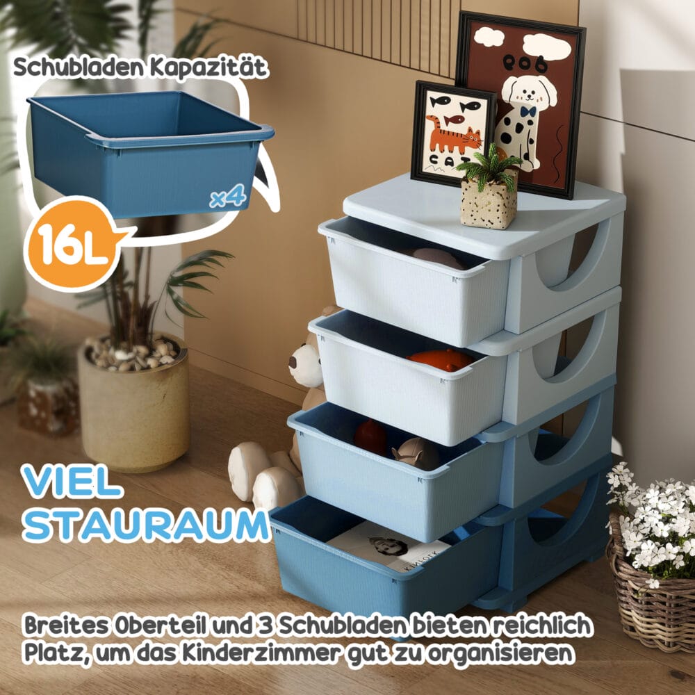 Blaue Spielzeugkommode für das Kinderzimmer mit vier stabilen Ebenen und viel Platz für Bücher und Spielsachen. Hilft Kindern, ihre Sachen selbstständig zu verstauen und zu sortieren.