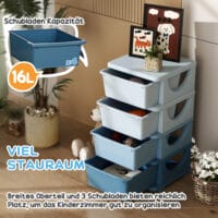 Blaue Spielzeugkommode für das Kinderzimmer mit vier stabilen Ebenen und viel Platz für Bücher und Spielsachen. Hilft Kindern, ihre Sachen selbstständig zu verstauen und zu sortieren.