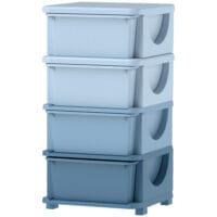 Blaue Spielzeugkommode für das Kinderzimmer mit vier stabilen Ebenen und viel Platz für Bücher und Spielsachen. Hilft Kindern, ihre Sachen selbstständig zu verstauen und zu sortieren.