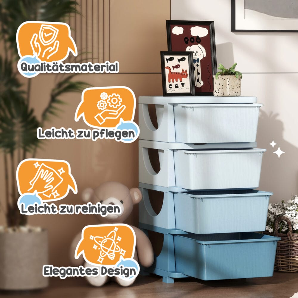Blaue Spielzeugkommode für das Kinderzimmer mit vier stabilen Ebenen und viel Platz für Bücher und Spielsachen. Hilft Kindern, ihre Sachen selbstständig zu verstauen und zu sortieren.