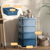 Blaue Spielzeugkommode für das Kinderzimmer mit vier stabilen Ebenen und viel Platz für Bücher und Spielsachen. Hilft Kindern, ihre Sachen selbstständig zu verstauen und zu sortieren.