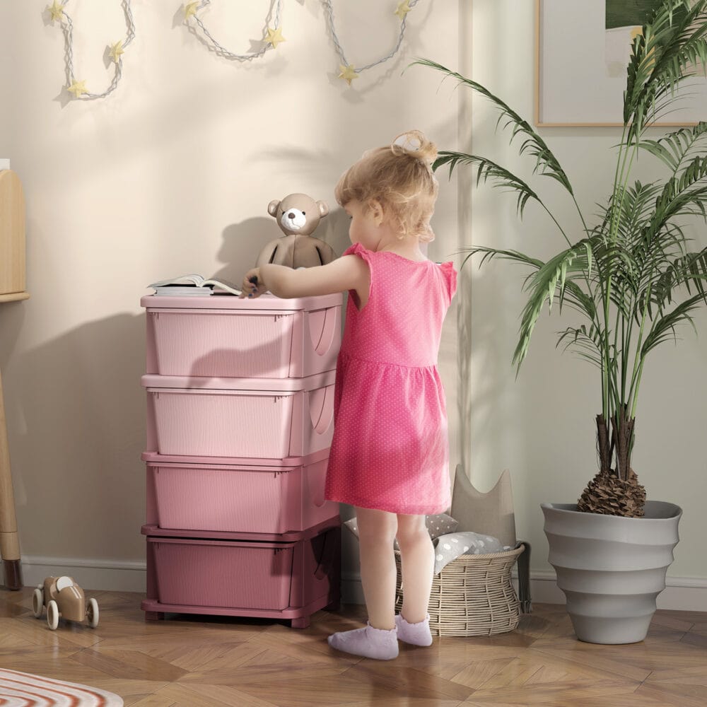 Rosa Spielzeugkommode mit vier offenen Fächern, speziell für das Kinderzimmer entworfen, um Spielzeug und Bastelmaterialien übersichtlich zu organisieren.