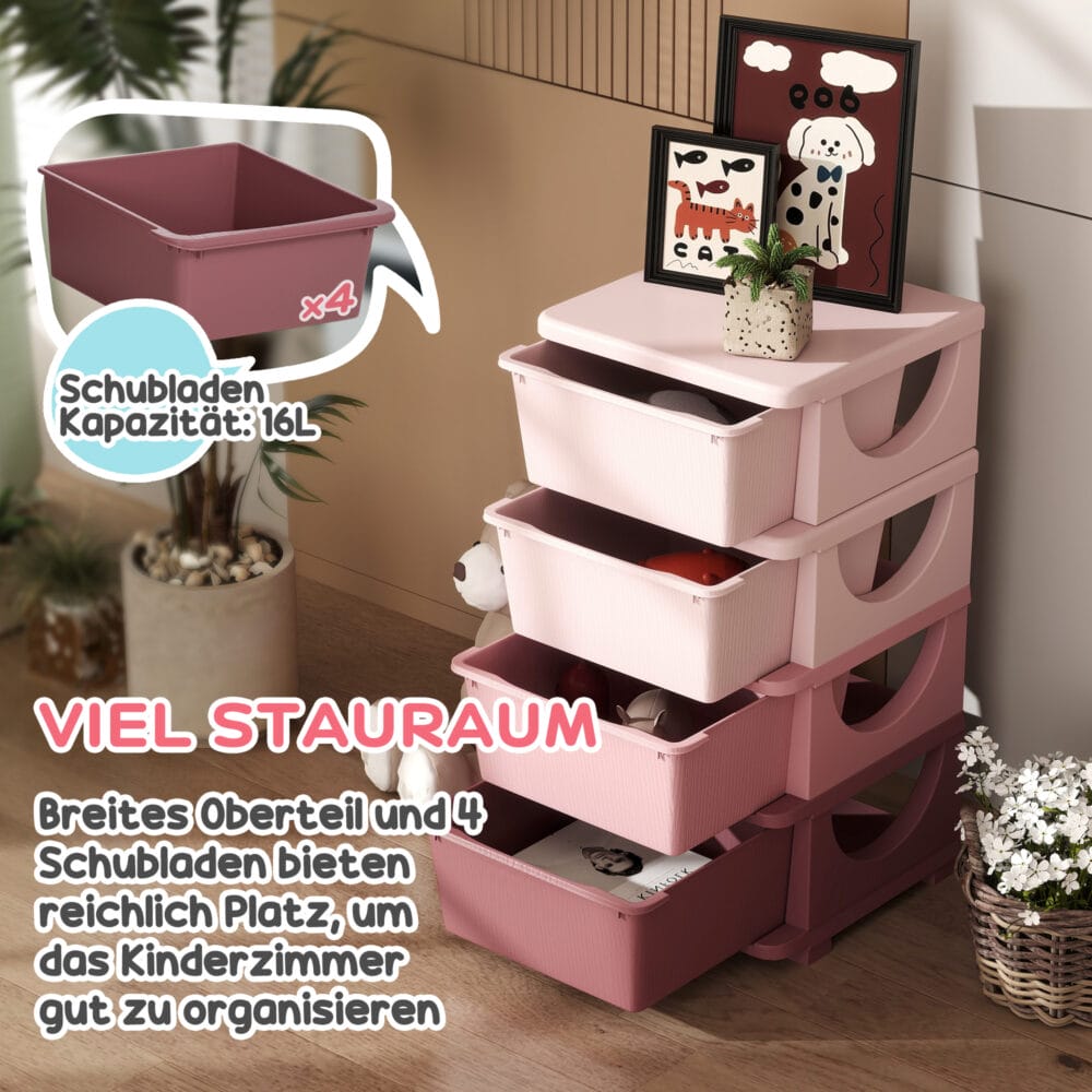 Rosa Spielzeugkommode mit vier offenen Fächern, speziell für das Kinderzimmer entworfen, um Spielzeug und Bastelmaterialien übersichtlich zu organisieren.