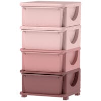 Rosa Spielzeugkommode mit vier offenen Fächern, speziell für das Kinderzimmer entworfen, um Spielzeug und Bastelmaterialien übersichtlich zu organisieren.
