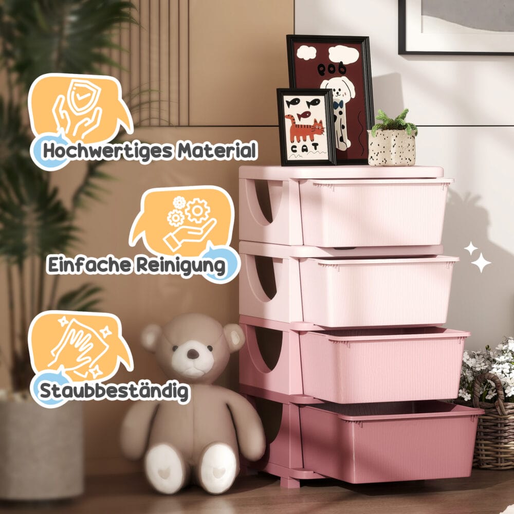Rosa Spielzeugkommode mit vier offenen Fächern, speziell für das Kinderzimmer entworfen, um Spielzeug und Bastelmaterialien übersichtlich zu organisieren.