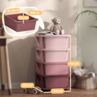 Rosa Spielzeugkommode mit vier offenen Fächern, speziell für das Kinderzimmer entworfen, um Spielzeug und Bastelmaterialien übersichtlich zu organisieren.