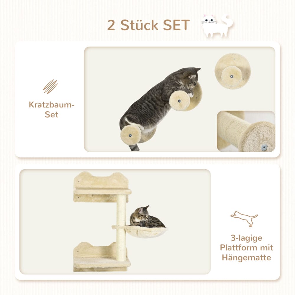 Beige-cremeweisser Sprungturm mit mehreren Kratzbäumen für Katzen, bietet vielfältige Kletter- und Kratzmöglichkeiten.