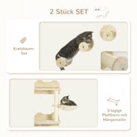 Beige-cremeweisser Sprungturm mit mehreren Kratzbäumen für Katzen, bietet vielfältige Kletter- und Kratzmöglichkeiten.