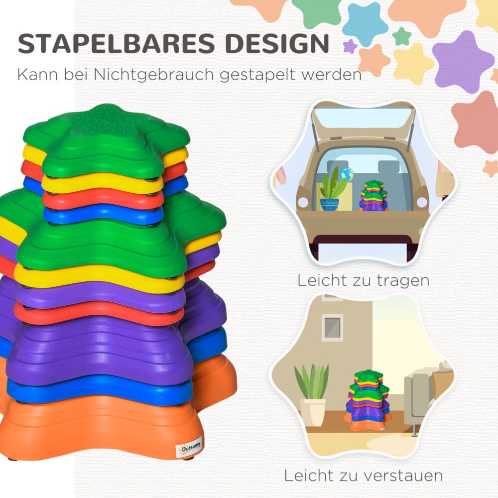 Buntes Stapelspielzeug in Form von Balance-Steinen, bis 80kg belastbar, fördert Koordination und Gleichgewichtssinn bei Kindern.