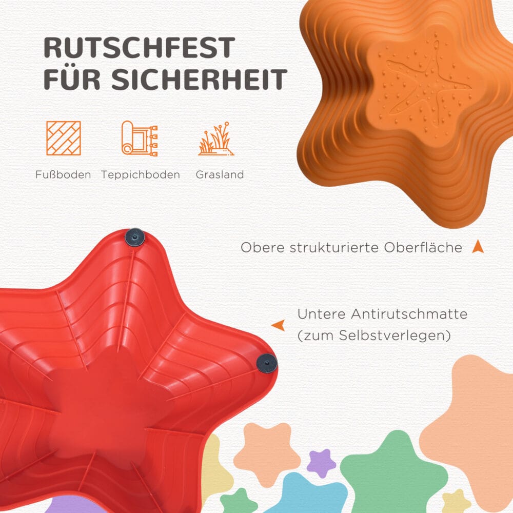 Buntes Stapelspielzeug in Form von Balance-Steinen, bis 80kg belastbar, fördert Koordination und Gleichgewichtssinn bei Kindern.