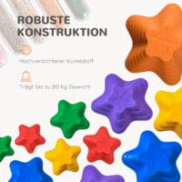 Buntes Stapelspielzeug in Form von Balance-Steinen, bis 80kg belastbar, fördert Koordination und Gleichgewichtssinn bei Kindern.