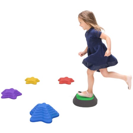 Stapelspielzeug in Form von rutschfesten Flusssteinen, ideal für Balancespiele bis 80kg. Es fördert Koordination und Körperbeherrschung bei Kindern.