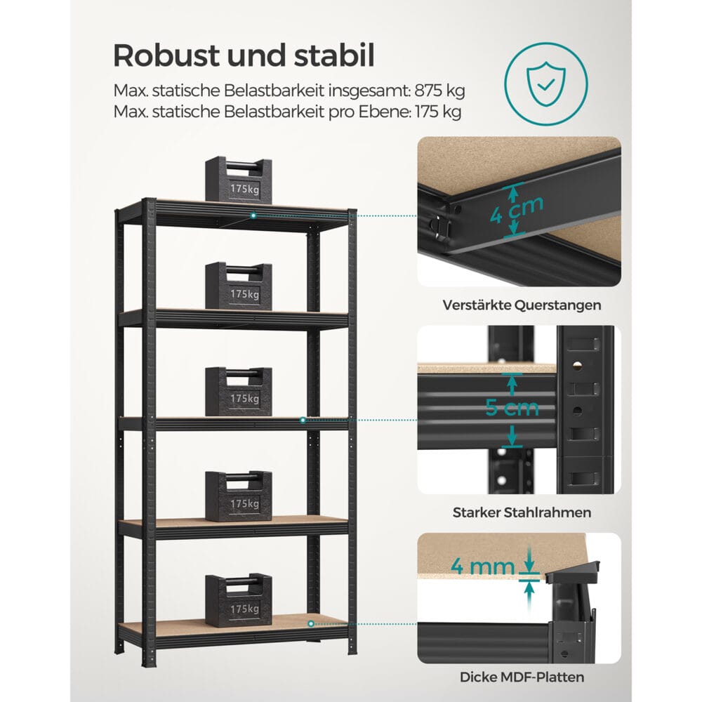 2er-Set Schwerlastregale mit 5 Böden, 40x90x180cm, Stahl Schwarz