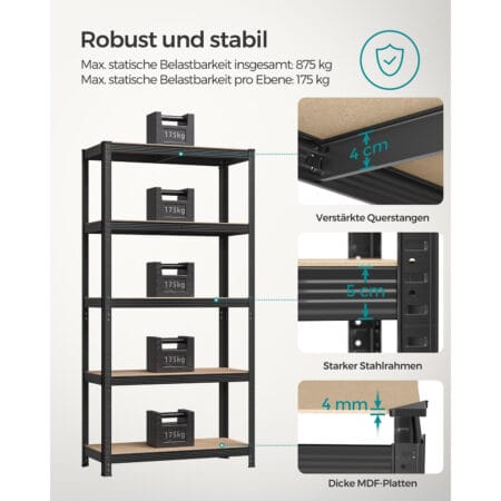 2er-Set Schwerlastregale mit 5 Böden, 40x90x180cm, Stahl Schwarz