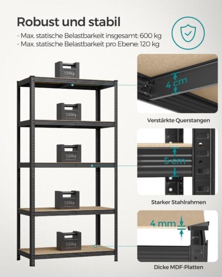 Schwarzes Steckregal Lagerregal 200x100x50 cm, robust und vielseitig nutzbar.