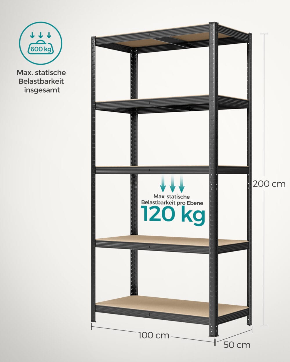 Schwarzes Steckregal Lagerregal 200x100x50 cm, robust und vielseitig nutzbar.