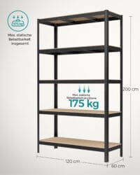 Schwarzes Steckregal Lagerregal 200x120x60 cm, hohe Belastbarkeit.