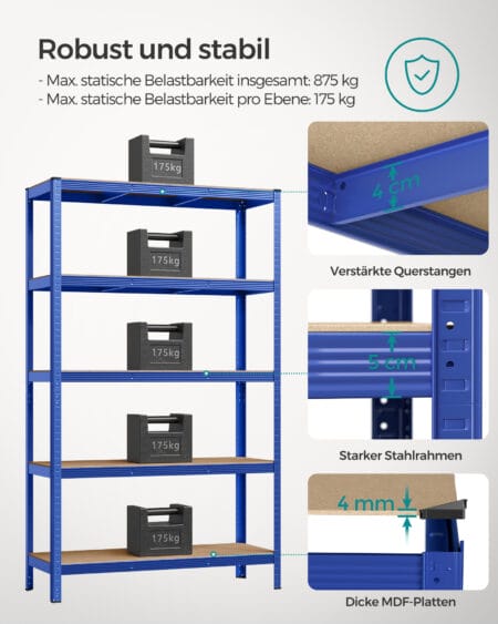 Stabiles Steckregal für Lager oder Werkstatt, belastbar bis 750 kg.