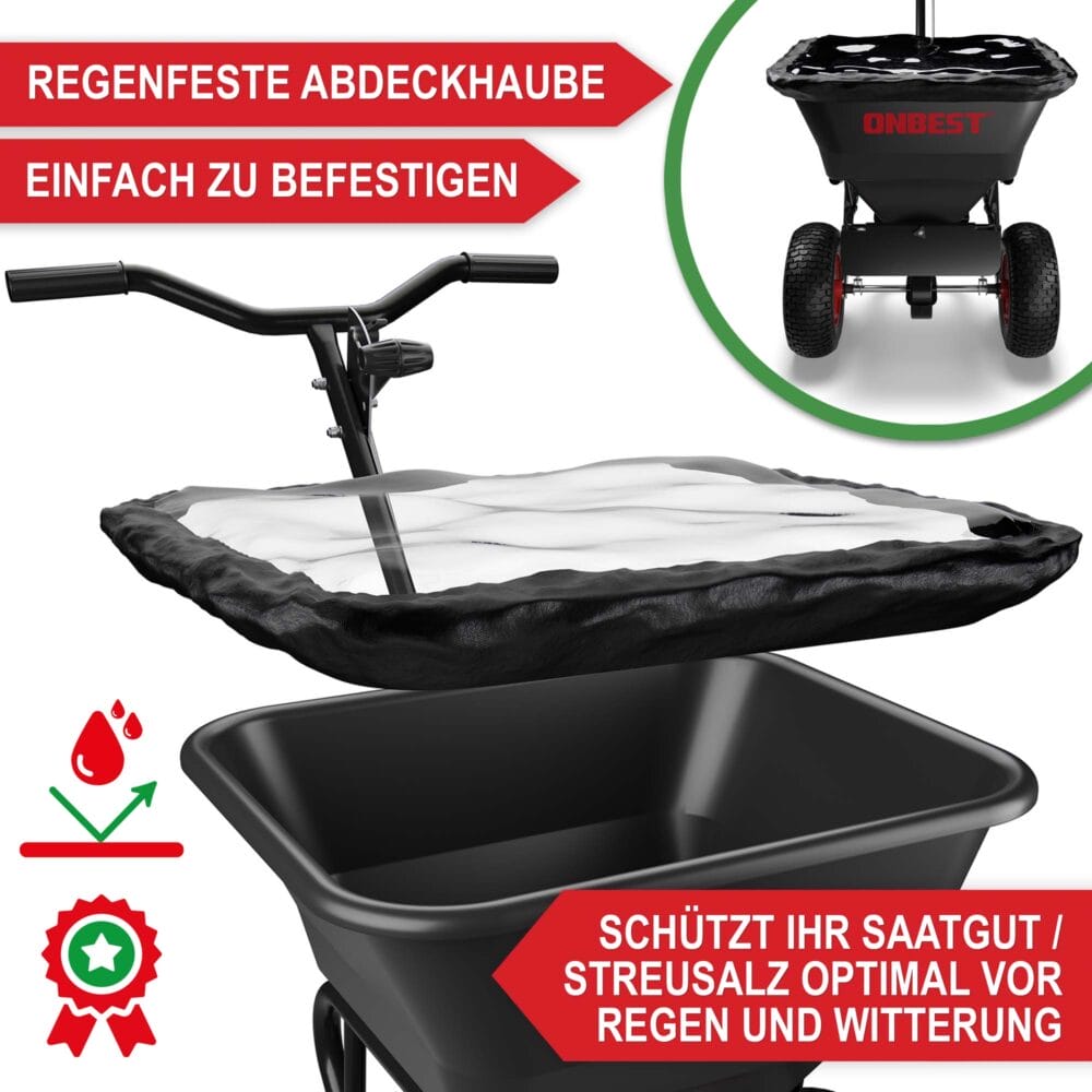 Robuster Streuwagen (45 Liter) geländegängig, mit regulierbarer Streumenge.