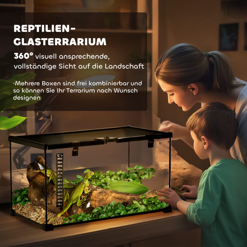 Glasterrarium 50x30x25cm mit integriertem Thermometer.