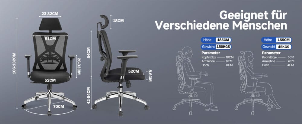 Ticova Bürostuhl mit Lendenwirbelstütze und Kopfstütze