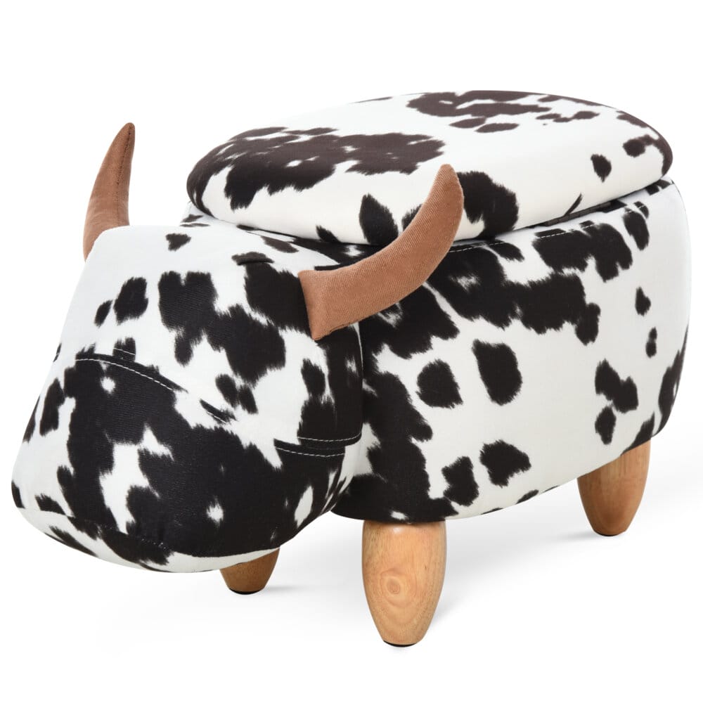 Ein niedlicher Tierhocker im Schweinchen-Design mit integriertem Stauraum in Schwarz-Weiss.