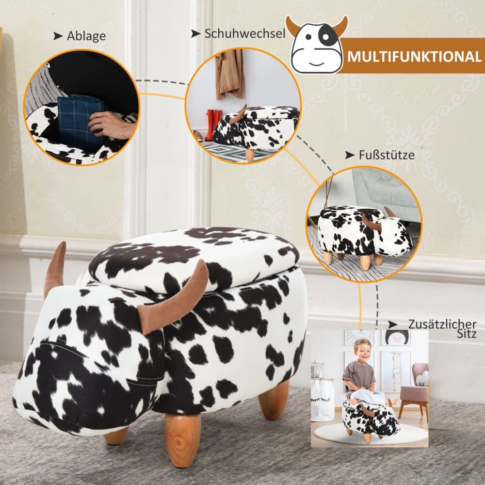 Ein niedlicher Tierhocker im Schweinchen-Design mit integriertem Stauraum in Schwarz-Weiss.