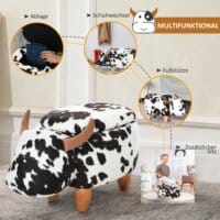 Ein niedlicher Tierhocker im Schweinchen-Design mit integriertem Stauraum in Schwarz-Weiss.