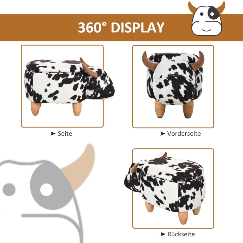 Ein niedlicher Tierhocker im Schweinchen-Design mit integriertem Stauraum in Schwarz-Weiss.