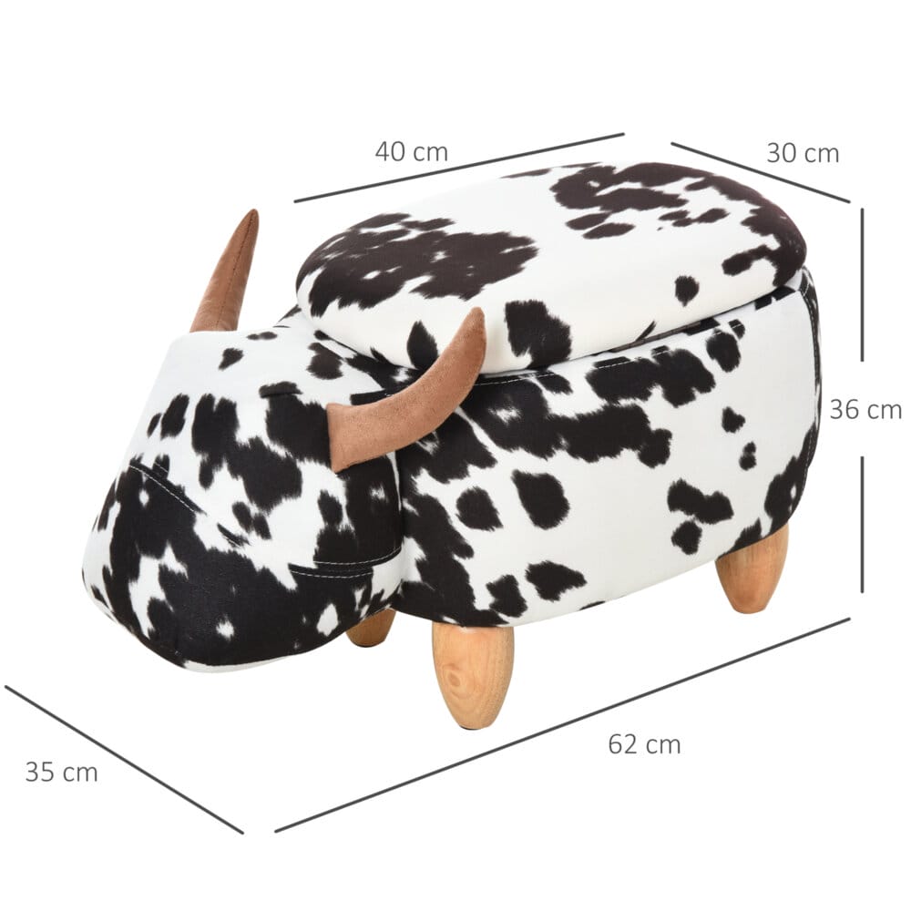 Ein niedlicher Tierhocker im Schweinchen-Design mit integriertem Stauraum in Schwarz-Weiss.
