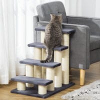 Graue Tiertreppe mit 4 Stufen, hilft Haustieren beim Erreichen erhöhter Schlafplätze oder Möbel.
