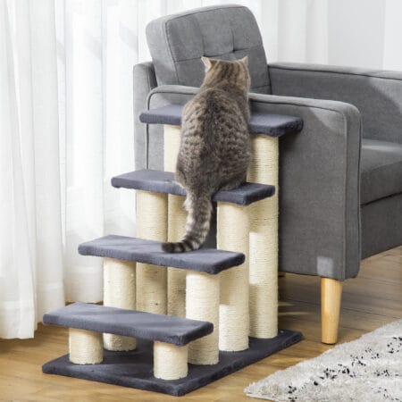 Graue Tiertreppe mit 4 Stufen, hilft Haustieren beim Erreichen erhöhter Schlafplätze oder Möbel.