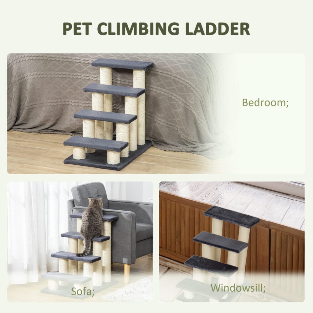 Graue Tiertreppe mit 4 Stufen, hilft Haustieren beim Erreichen erhöhter Schlafplätze oder Möbel.