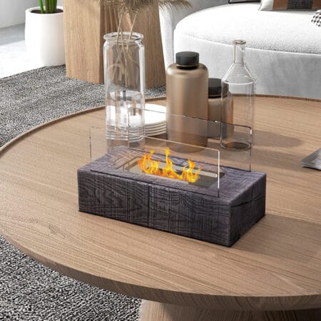 Tragbarer Tischkamin in stilvoller Holzoptik mit Bio-Ethanol-Betrieb.