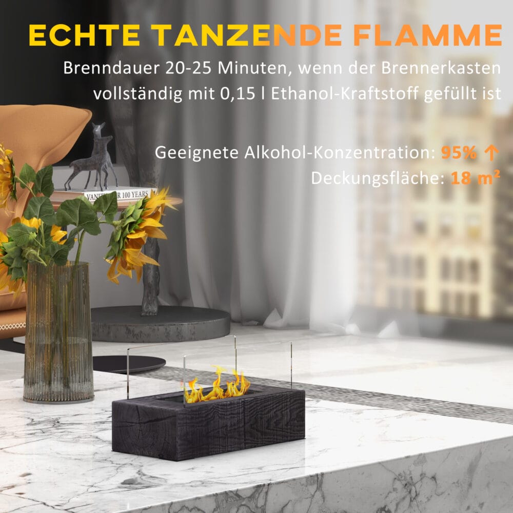 Tragbarer Tischkamin in stilvoller Holzoptik mit Bio-Ethanol-Betrieb.