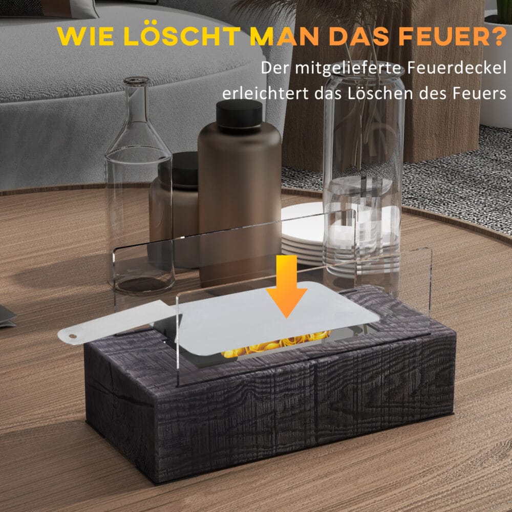 Tragbarer Tischkamin in stilvoller Holzoptik mit Bio-Ethanol-Betrieb.